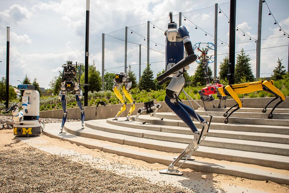 various robots positioned on a set of concrete steps